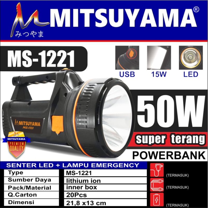 Senter Senter Tangan Led Jumbo 50 Watt Mitsuyama Ms 1221 Plus Lampu Emergency