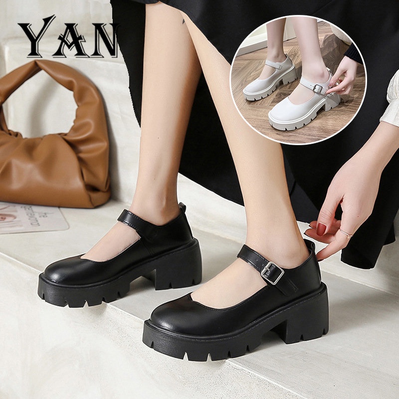 YAN Sepatu Mary Jane Wanita Kulit 5cm Chunky Block Heels Platform Shoes