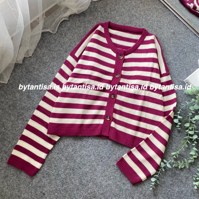 CARDIGAN CROP RAJUT MOTIF GARIS INDRI MODEL PENDEK