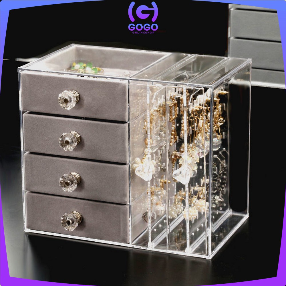GOGO-K136 Kotak Perhiasan Tingkat 4 Laci Rak Acrylic Organizer Anting Cincin Anti Debu / Tempat Penyimpanan Aksesoris Kalung Wanita Rak Kosmetik Multifungsi