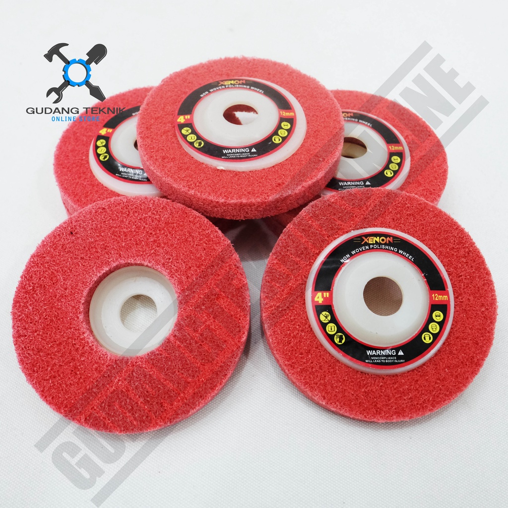 Batu Gerinda Grenda Poles Non Woven Wheel Merah Stainless 4&quot; XENON / Mata Batu Gerinda Asah Stainless 4 Inch x 12mm XENON