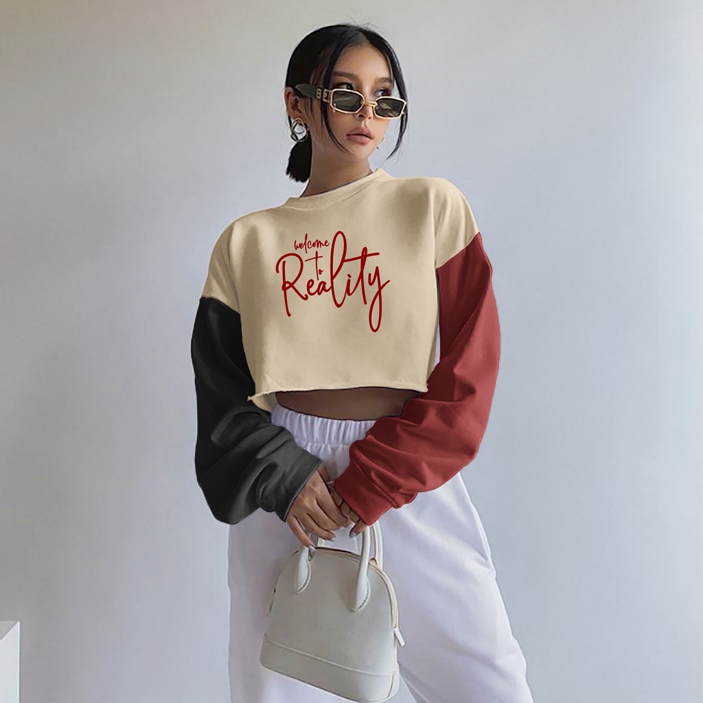 Sweater Crop Welcome To Reality | Korean Style Colorfull Sweatshirt Croope | Baju Wanita Lucu | Bahan Fleece Tebal Dan Lembut | Allsize