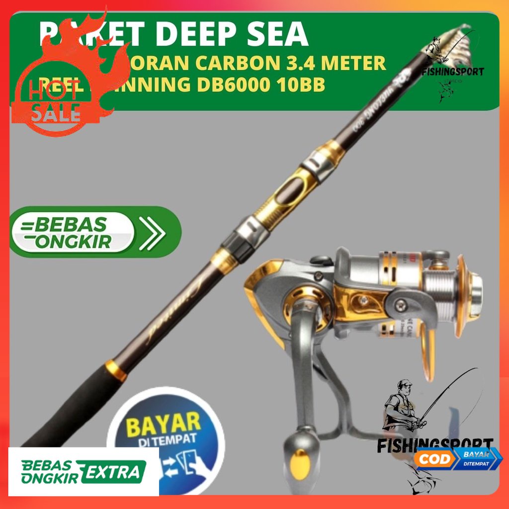 Jual Set Alat Pancing Laut Kekuatan 20kg Joran 340CM Reel Debao DB6000 