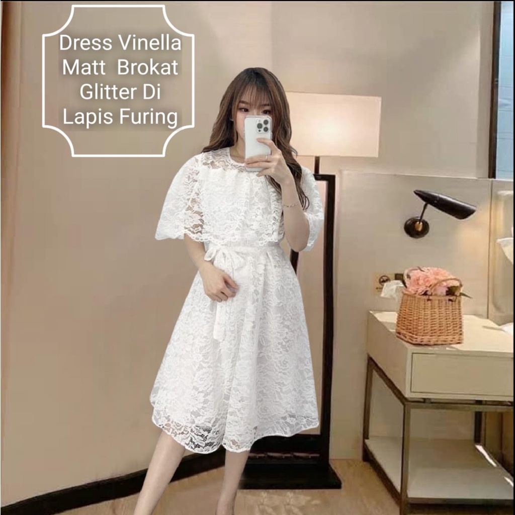 Dress Wanita Midi Kekinian Terbaru Kondangan/Pesta Matt Brokat Glitter Murah Berkualitas/Dress Vinella Size L-XL/Dress Natal Wanita Remaja Terbaru