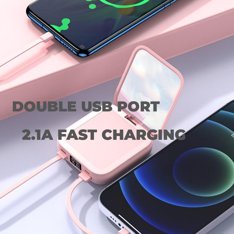 Power Bank 20000mAh Fast Charging with 3 Kabel Data Real Capacity Mini Dual USB Portable Make-up Mirror