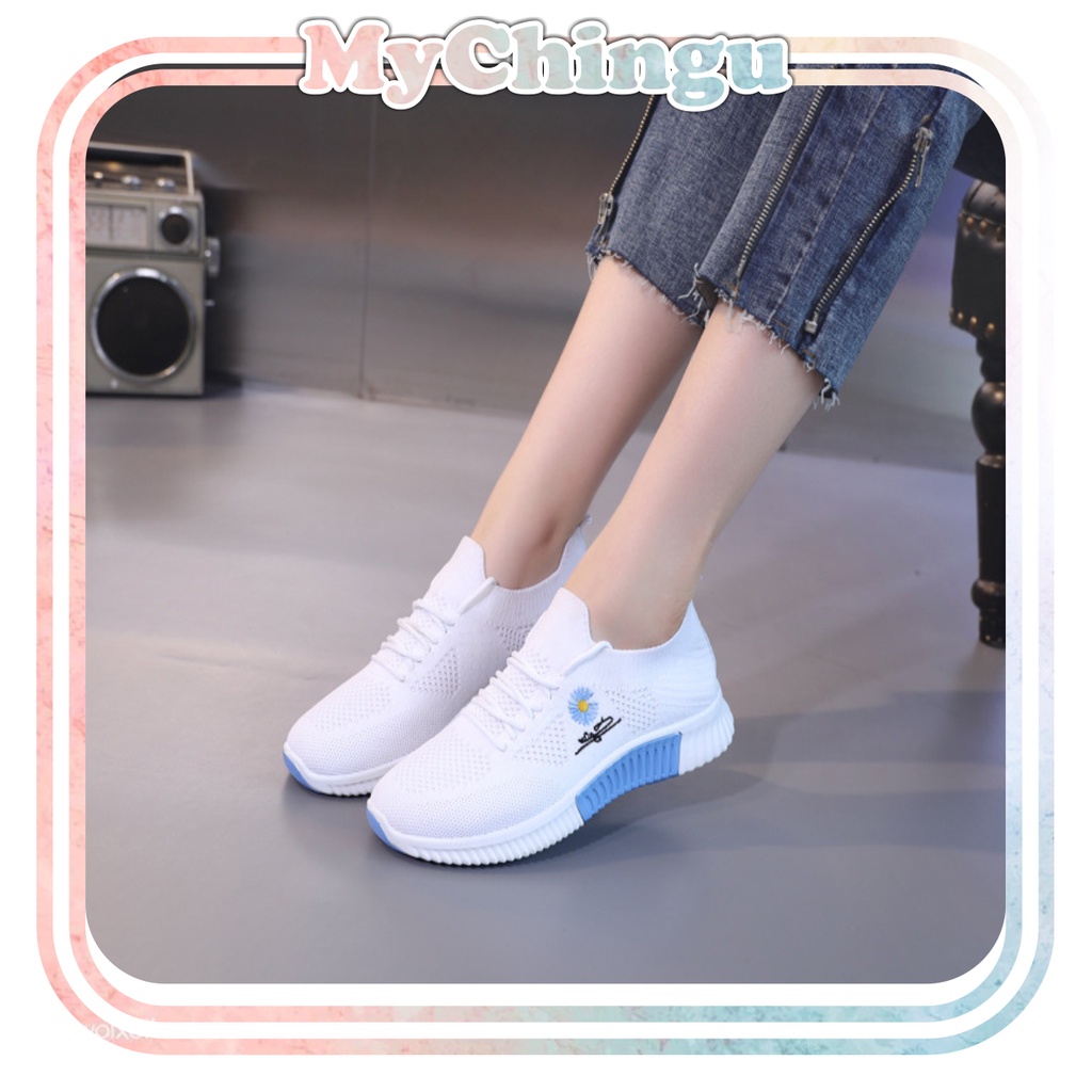 ❀ Chingu ❀ SEP008 (Tanpa Kotak) Sepatu Sneakers Wanita Putih Hitam Motif Bunga Sporty Model Korea Fashion Casual Sport Olahraga Import