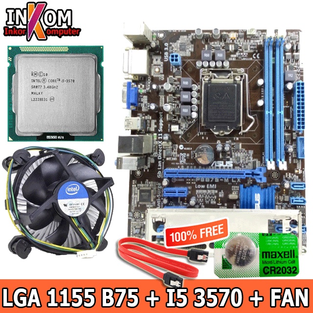 Paket Mainboard Mobo Motherboard B75 Socket 1155 Plus i5 3570