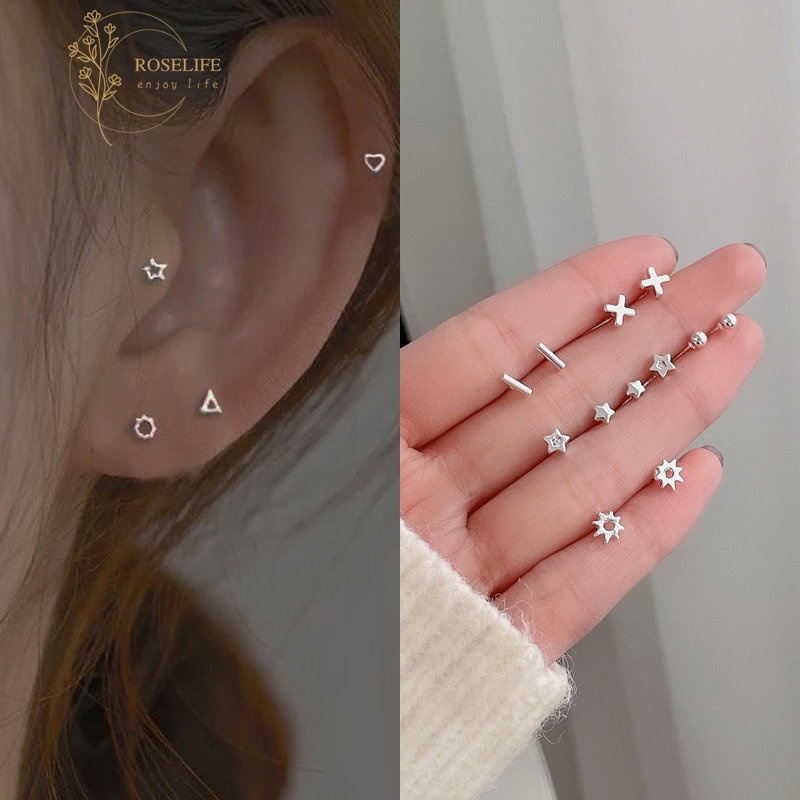 Roselife 12pcs / Set Anting Tusuk Sterling Silver 925 Desain Salib / Bola / Bintang Mini Untuk Wanita