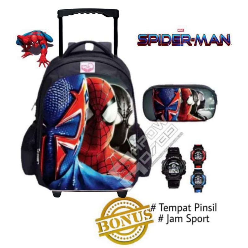 Tas ransel troli anak karakter superhero spiderman gratis topi jam tangan tempat pinsil - tas troli