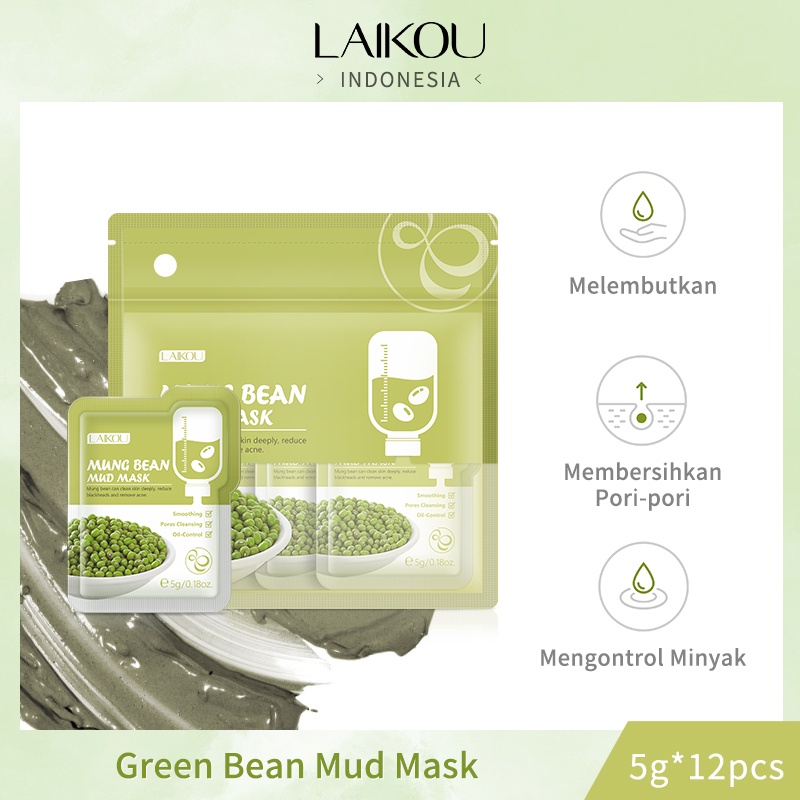 LAIKOU Mud Mask Pembersih Kacang Hijau Penghilang Komedo Mengencangkan Pori-pori 12pcs