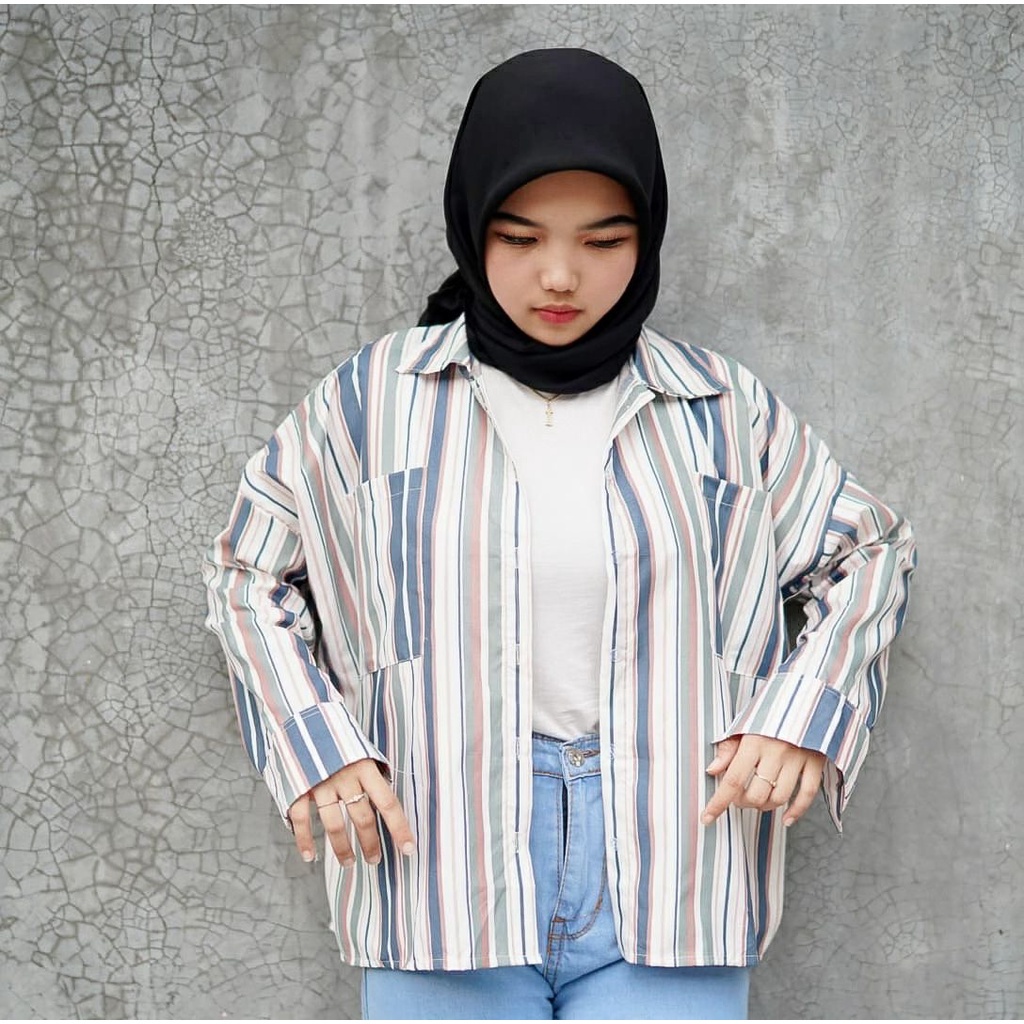 BEFAST - ZFS OOTD Kemeja AKURA /  HANAKO CUTE SHIRT / Kemeja Stripe Wanita Terbaru / Pakaian Kerja / Kem Bisa Di Jadikan Outer / Hem Motif Garis-Garis / Fashion Casual Wanita Trendy / Kemeja Lengan Panjang Termurah / Terlaris