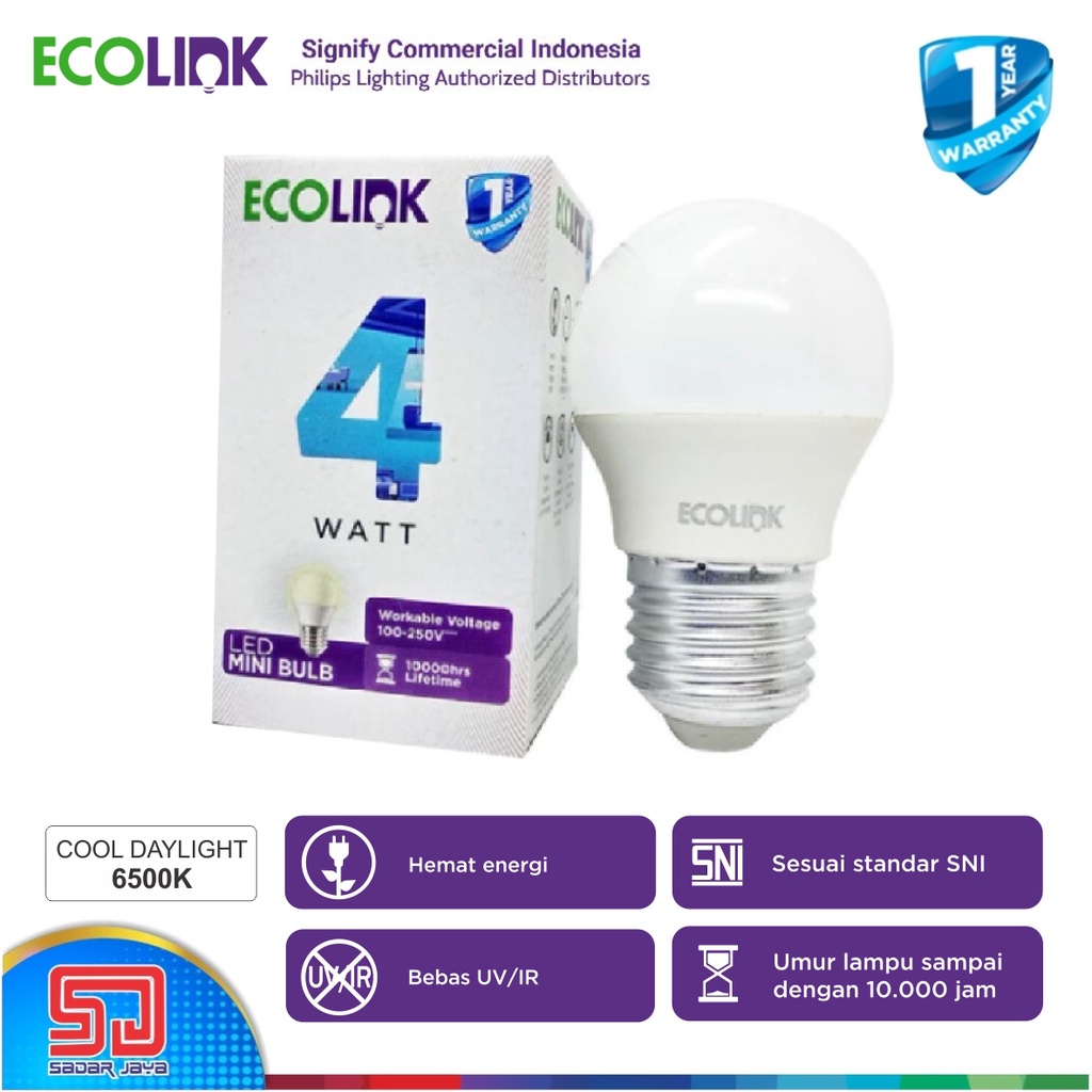 ECOLINK Lampu 4W LED 4Watt Mini Bulb 4 Watt P45  - 6500K Cool White Putih