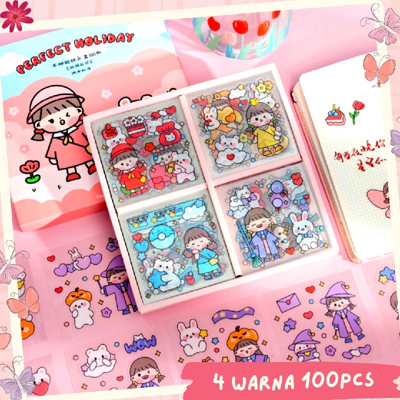 Stiker BOX Tempel 2D Lucu 4 Warna Isi 100 Lembar Cute Aesthetic Sticker Anti Air Design DIY