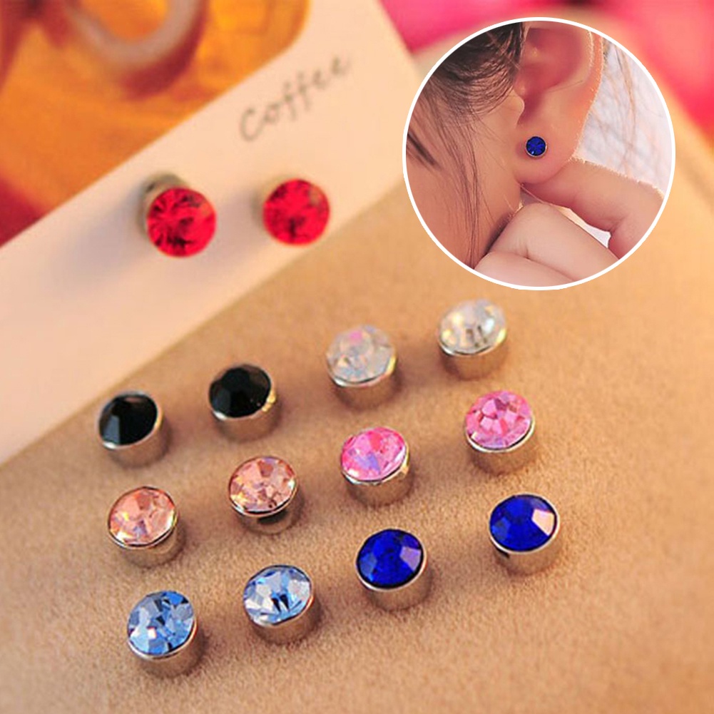 1 Pasang Anting Stud Magnet Bahan Zirkon Berlian Imitasi Untuk Unisex