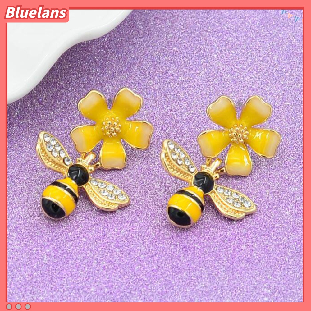 Anting Drop Enamel Berlian Imitasi Bentuk Bunga Lebah Untuk Wanita