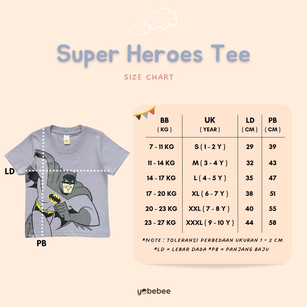 Yobebee - Kaos Anak Laki-laki / Kaos Super Hero / Kaos Spiderman / Kaos Superman / Kaos Batman / Kaos Superhero / Kaos Karakter Anak / Kaos Sablon Anak / Kaos Kartun Anak