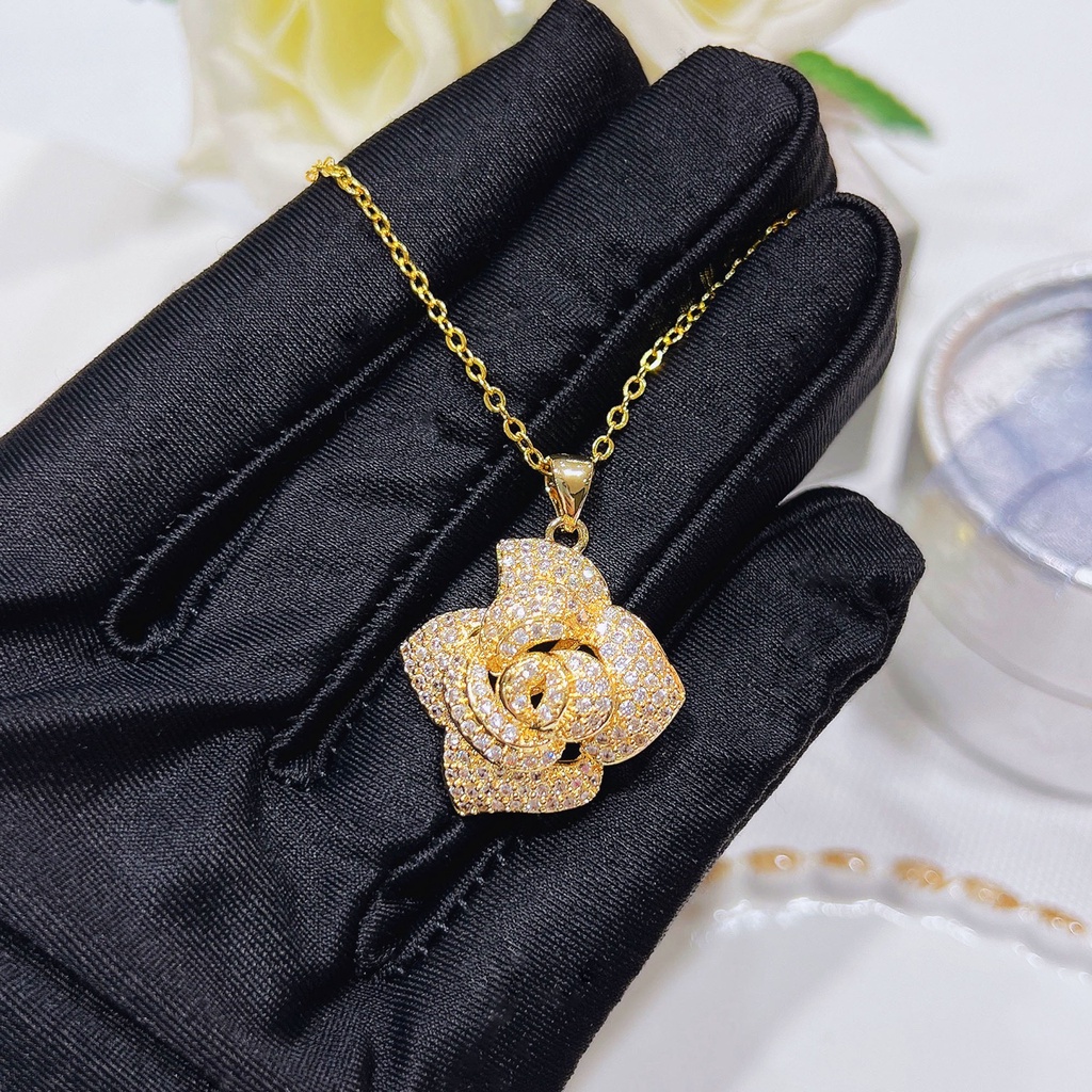 Goldkingdom Fashion Perhiasan Emas Asli Kadar 375 Bangkok Aksesoris Ready Stock Mawar Anting Liontin Kalung Camelia Hias Zirkon Berlian Mewah Wanita Gilt Sterling Silver