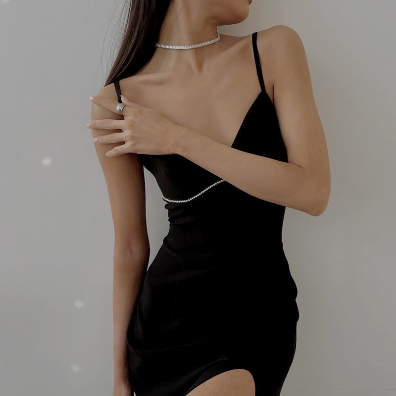 【AMY J】Slip Sexy Bodycon Slit Backless Deep V neck Black Party Dress 2334