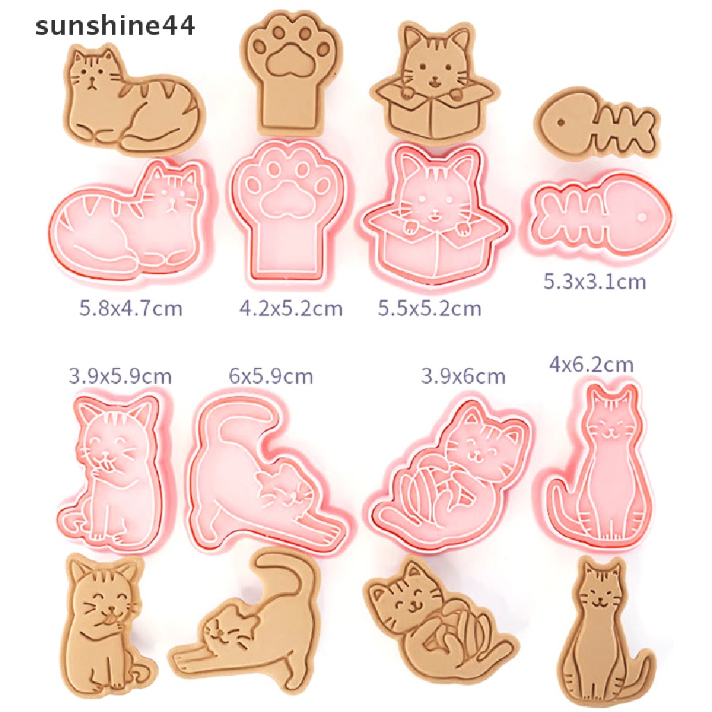 Sunshine 8Pcs Cetakan Biskuit / Cookies Bentuk Kartun Kucing 3D Bahan Plastik