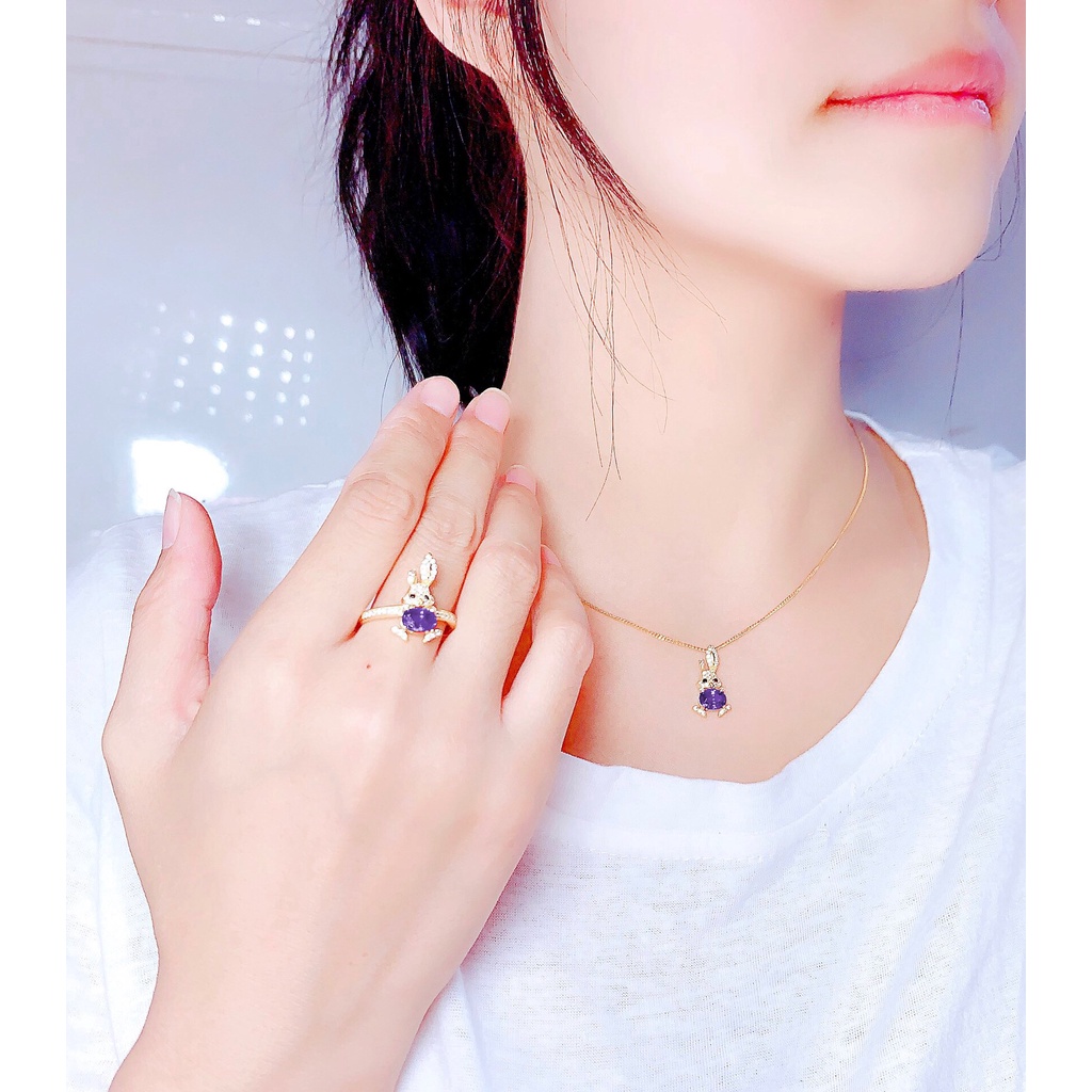 Goldkingdom Perhiasan Fashion 24K Bangkok Aksesoris Ready Stock Berlapis Emas Asli Kadar 375 18k Amethyst Kelinci Lucu Liontin Micro Berlian Rabbit Cincin Wanita Set