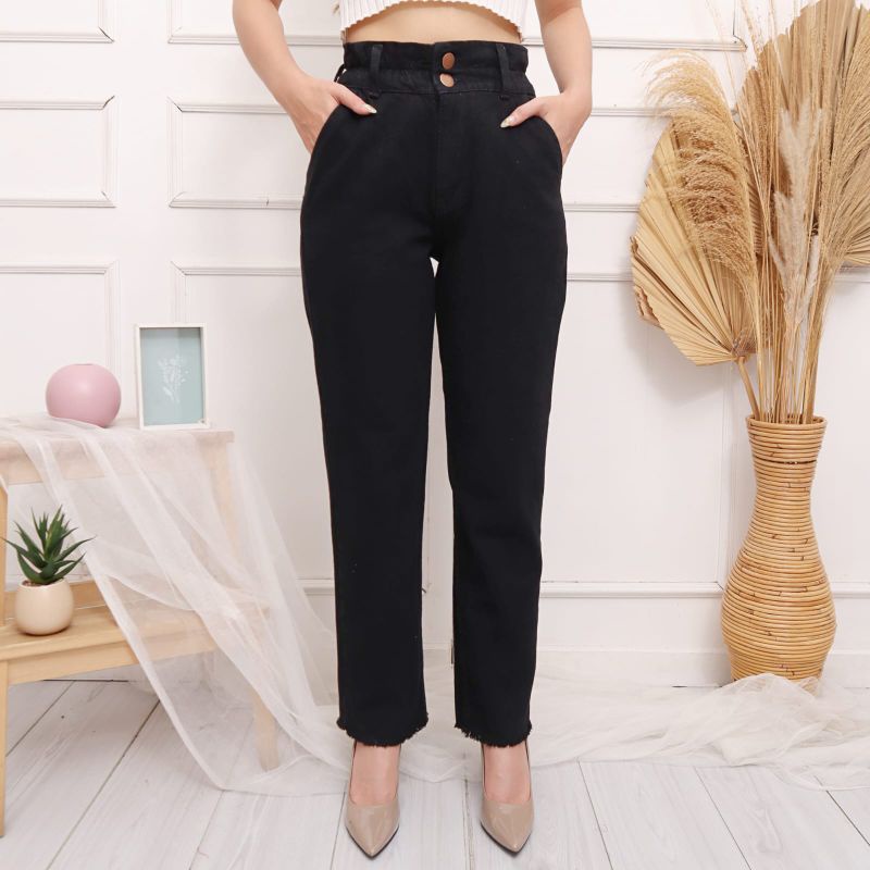 EP- CELANA JEANS DIORA BOYFRIEND WANITA BOYFRIEND PINGGANG FULL KARET KELILING KANCING 2 BAWAH KAKI 