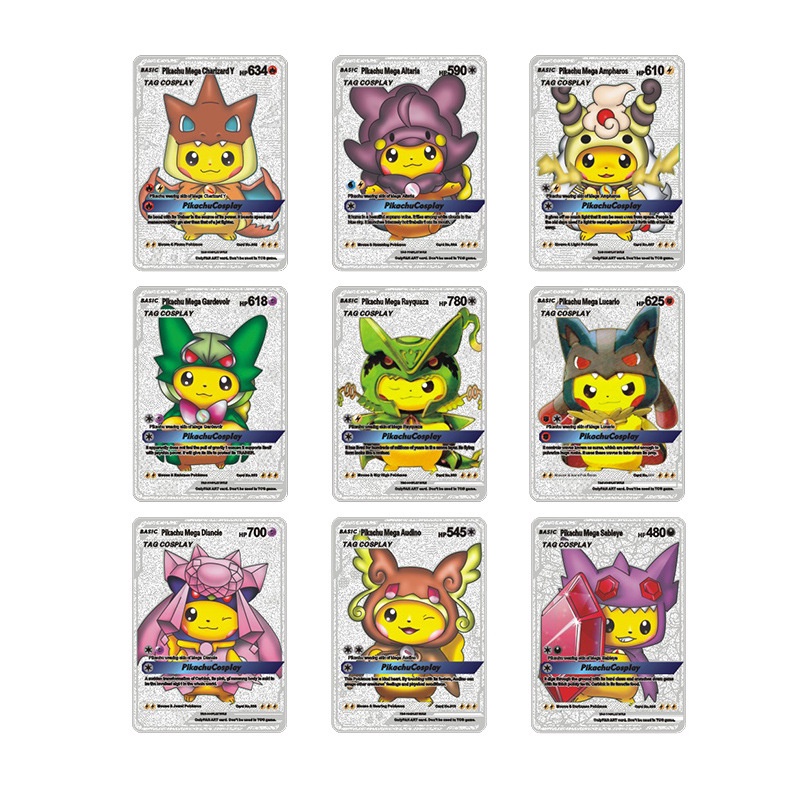 10pcs / Kotak Kartu Permainan Pokemon Vmax TAG Charizard Pikachu Battle Trainer Energy Bahan Metal Untuk Anak