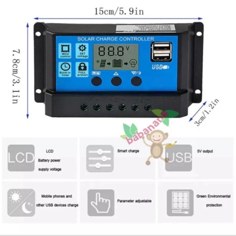 Solar Panel Charger 20A 12V 24V controller panel surya display usb