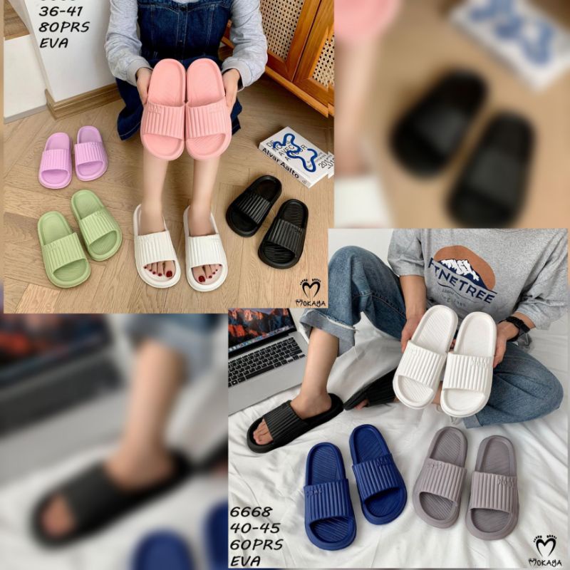 Sandal Couple Cewek Cowok / Pria Wanita Eva Ban Motif Garis Home Super Cantik Ringan Kekinian Import Mokaya / Size 36-45 (6668)