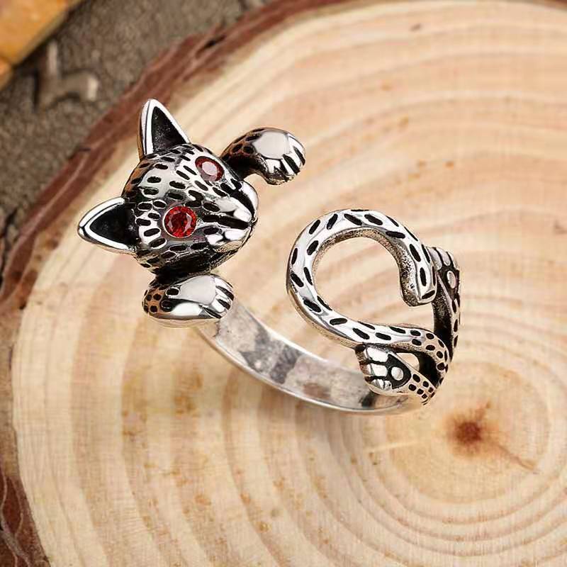 Cincin Model Terbuka Desain Mata Kucing Aksen Batu Merah Gaya Korea retro Untuk Wanita