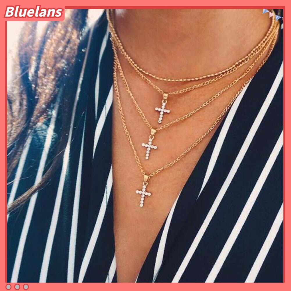 Kalung Choker Rantai Multilayer Aksen Berlian Imitasi Untuk Wanita