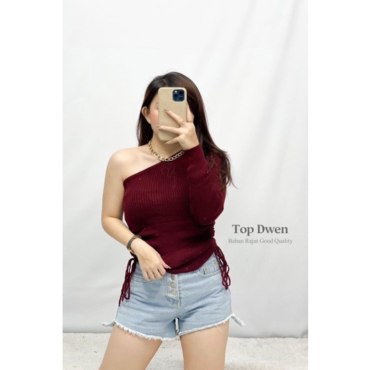 MDLV TOP DWEN RAJUT TOP ONE SHOULDER CROP SERUT RAJUT ATASAN CROP SEXY KOREA TERBARU FASHION WANITA