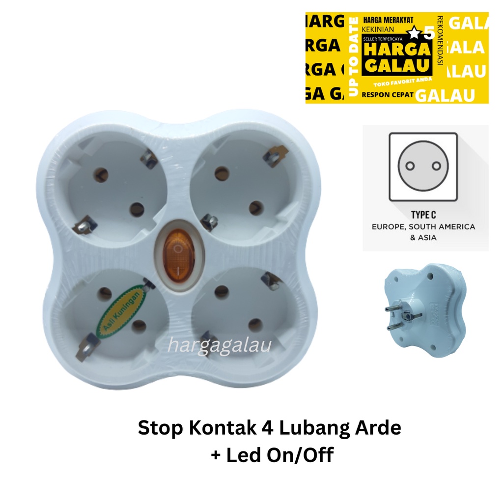 Stop Kontak 4 Lubang Arde + Led Switch OnOff Steker Segi Empat 4in1