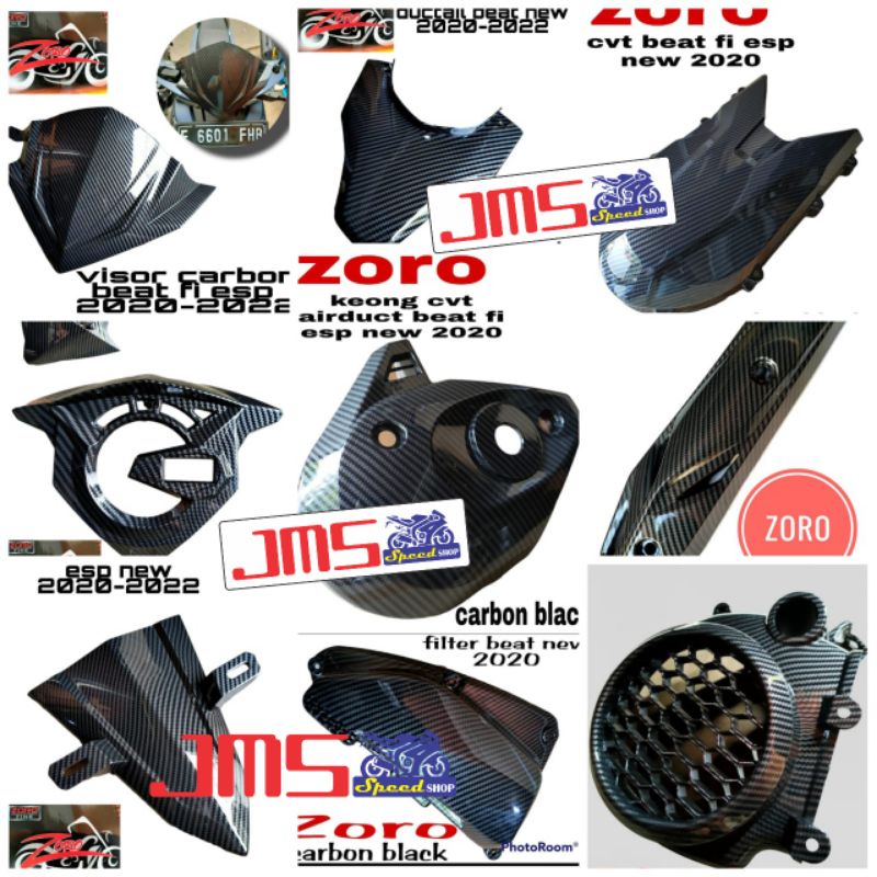 cover tutup cvt carbon/filter hawa/cover kipas/dasi/ducktail/cover speedo/cover knalpot/keong cvt/visor carbon paket beat deluxe beat new scoopy fi new genio beat street new 2020-2022 zoro