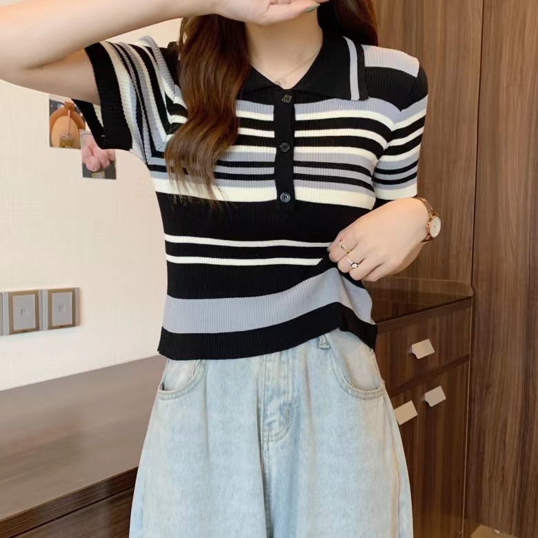 Premium Baju Korean Style Wanita Rajut Stripe Casual Terbaru