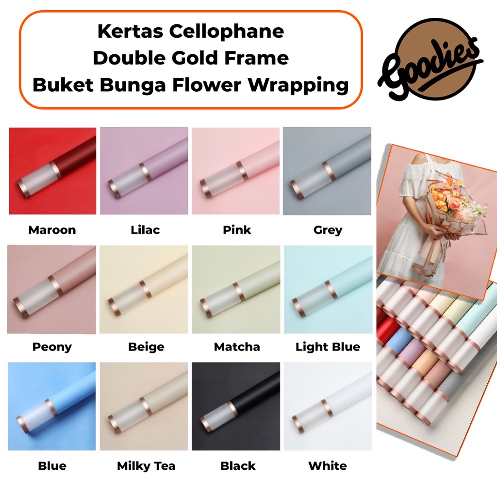 

*5 LEMBAR* Kertas Cellophane Buket Bunga [Double Gold Frame] Flower Wrapping Paper Celophane / Chellophane Murah untuk Snack Uang