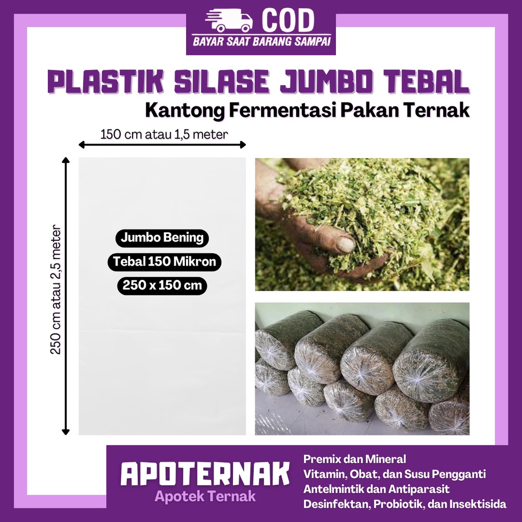 PLASTIK SILASE Tebal 150 Mikron Jumbo 250x150 cm | Plastik Untuk Fermentasi Pakan Ternak Hewan Sapi Kambing Domba | 100 Mikron Ecer | Apoternak