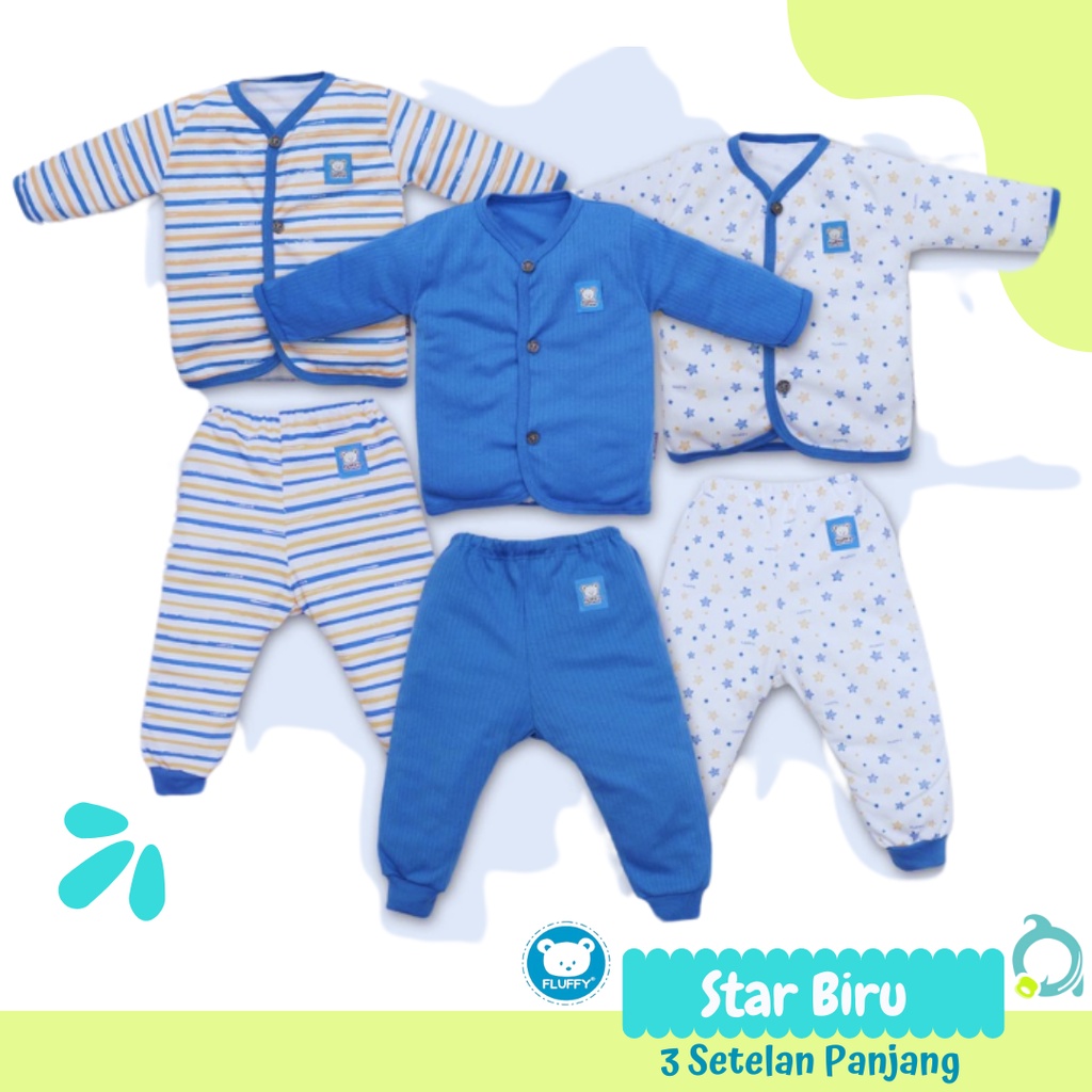 FLUFFY Stelan Pendek | Panjang Bis Motif Star Biru Size S | M | L (3 stel/pack)