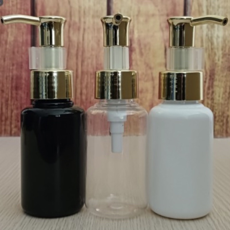 BOTOL TUBULAR 60 ML TUTUP CLIP OIL GOLD LUXURY AESTHETIC REFILL WHITE CLEAR BLACK HITAM PUTIH NATURAL BENING 60ML LOCK OIL PUMP