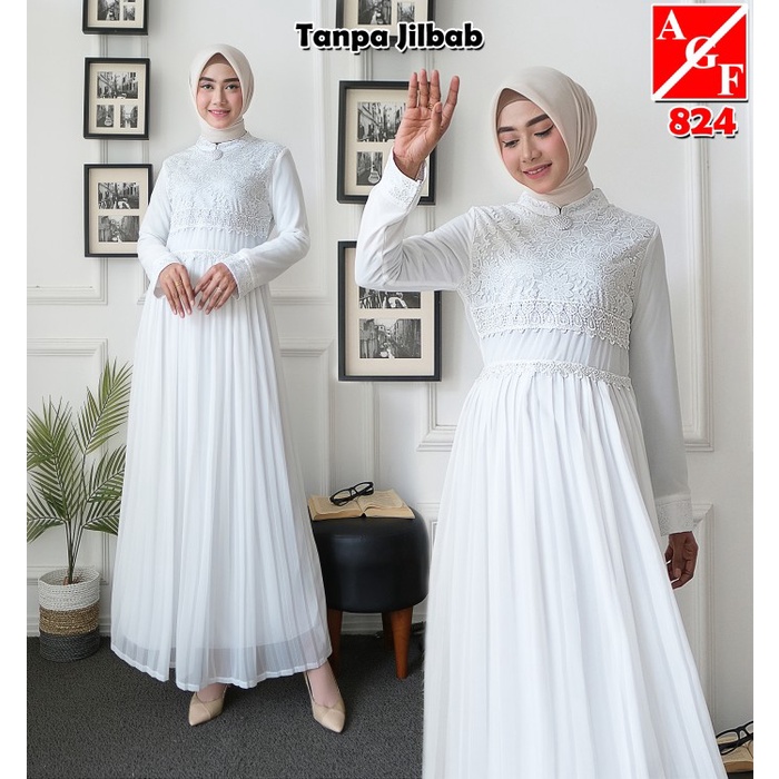 GAMIS Agnes Gamis Putih Wanita Gamis Plisket Brukat Baju Muslim Wanita Busan - M abaya termurah rema