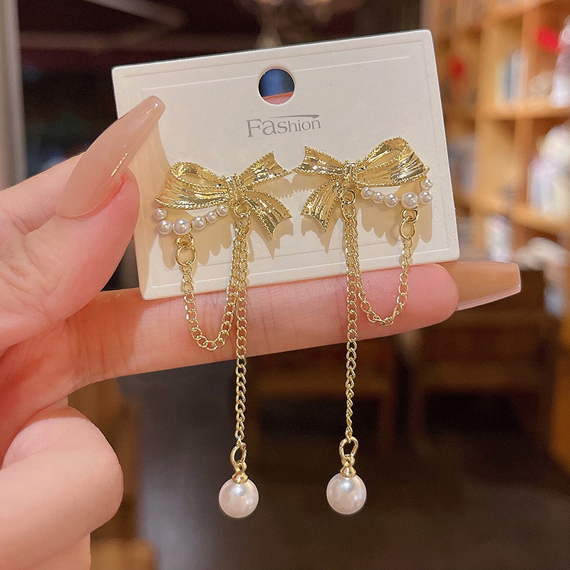 Anting Tusuk Gantung Bahan Sterling silver 925 Desain Pita + Mutiara Untuk Wanita