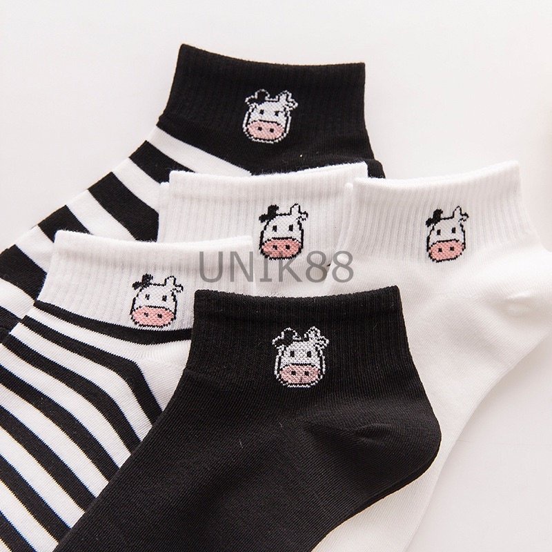 [UNIK88] Kaos Kaki Hitam Gambar Sapi Kaos Kaki Korea Lucu Motif Cow Kaos Kaki Angkle Pendek