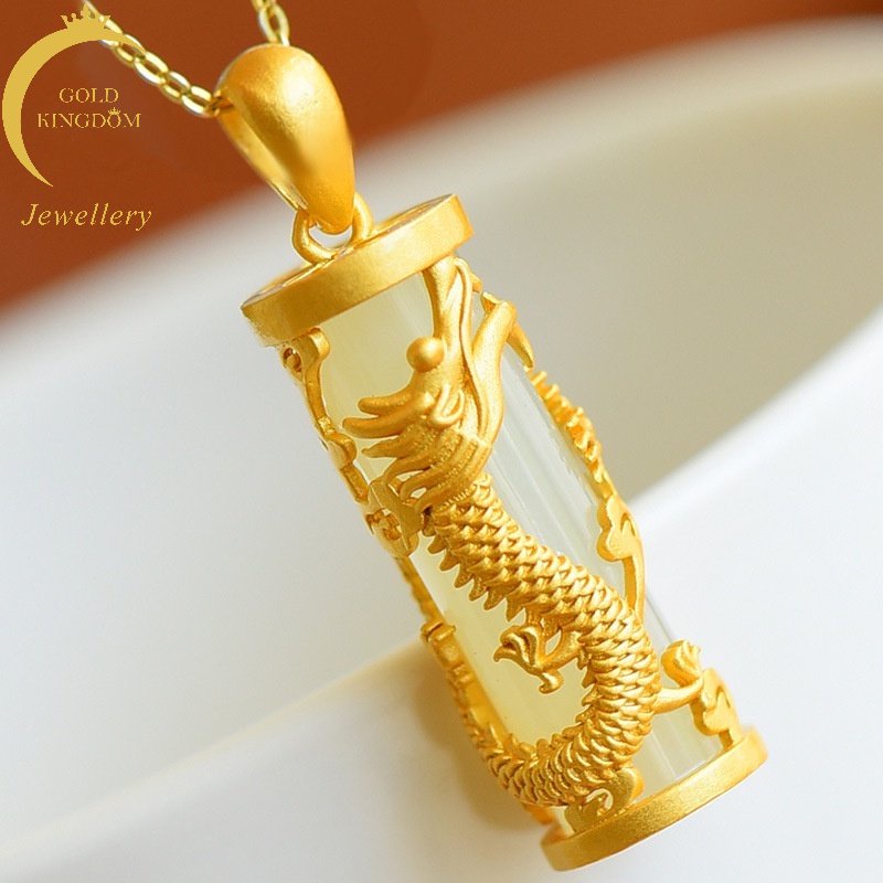 Goldkingdom Fashion Perhiasan Emas Asli Kadar 375 Bangkok Aksesoris Ready Stock Hetian Jade Dragon Phoenix Liontin Pria Dan Wanita Emas Inset Giok Naga Kolom Zodiak Giok Kalung