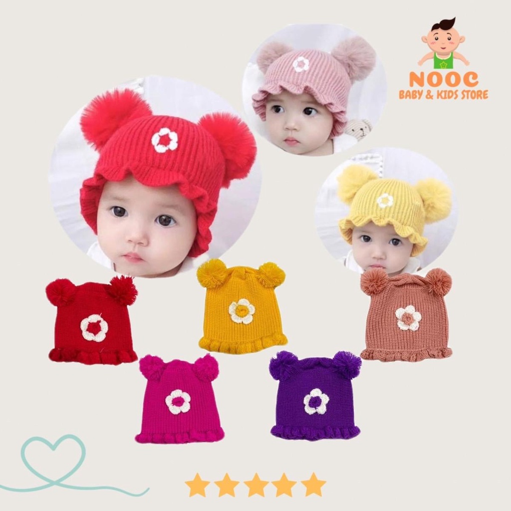 7.7 Topi Bayi Perempuan Motif POM POM Bunga / Topi Kupluk Rajut bunga / Topi Rajut bayi 0-2 tahun