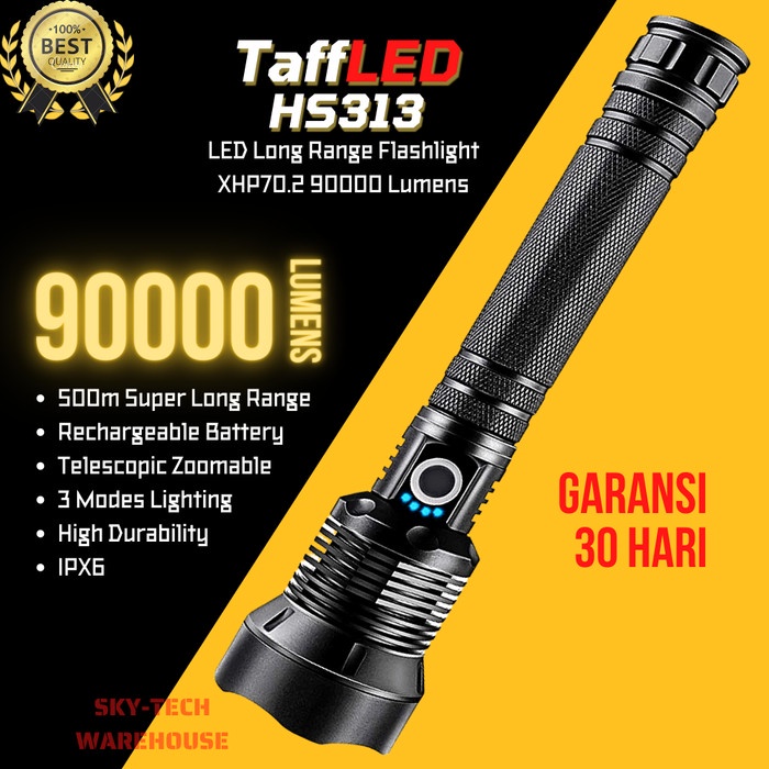 Senter Senter Super Terang Jarak Jauh 90000 Lumens Led Xhp70.2 Taffled Hs313