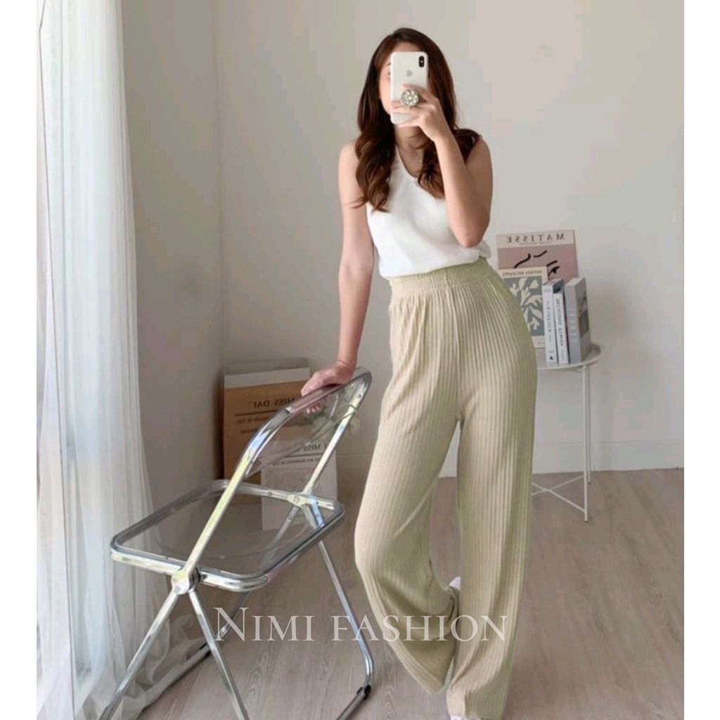 NIMI - Elea Knit Pants Premium Long Cullote Pants - Korean Loose Pants Trousers Wanita