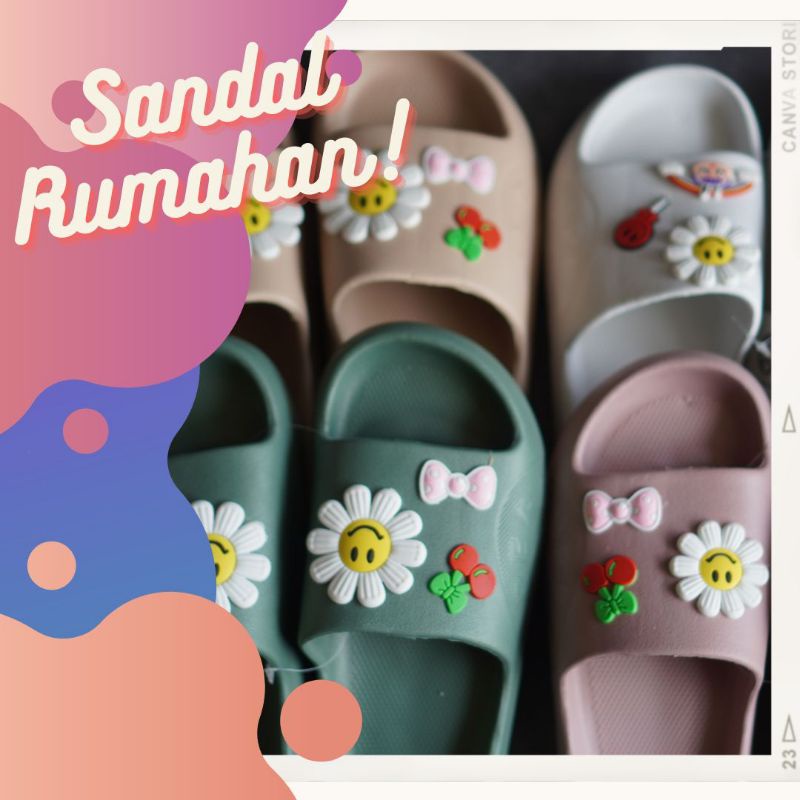 Sandal Wanita Sandal Slop Karet Empuk Sandal Rumah Sandal Slop Karakter Bunga Import