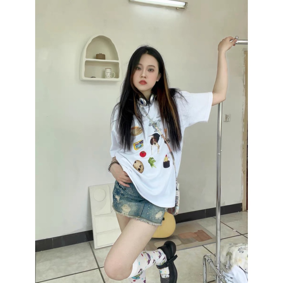 EUNII T-shirt Lengan Pendek Kartun stiker Pencetakan Longgar Korean Style/Kaos Atasan Wanita/Baju Kaus Oversize Wanita