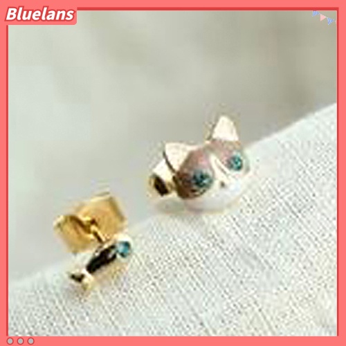 Bluelans 1 Pasang Anting Stud Desain Kucing Ikan Aksen Berlian Imitasi Gaya Korea Untuk Wanita