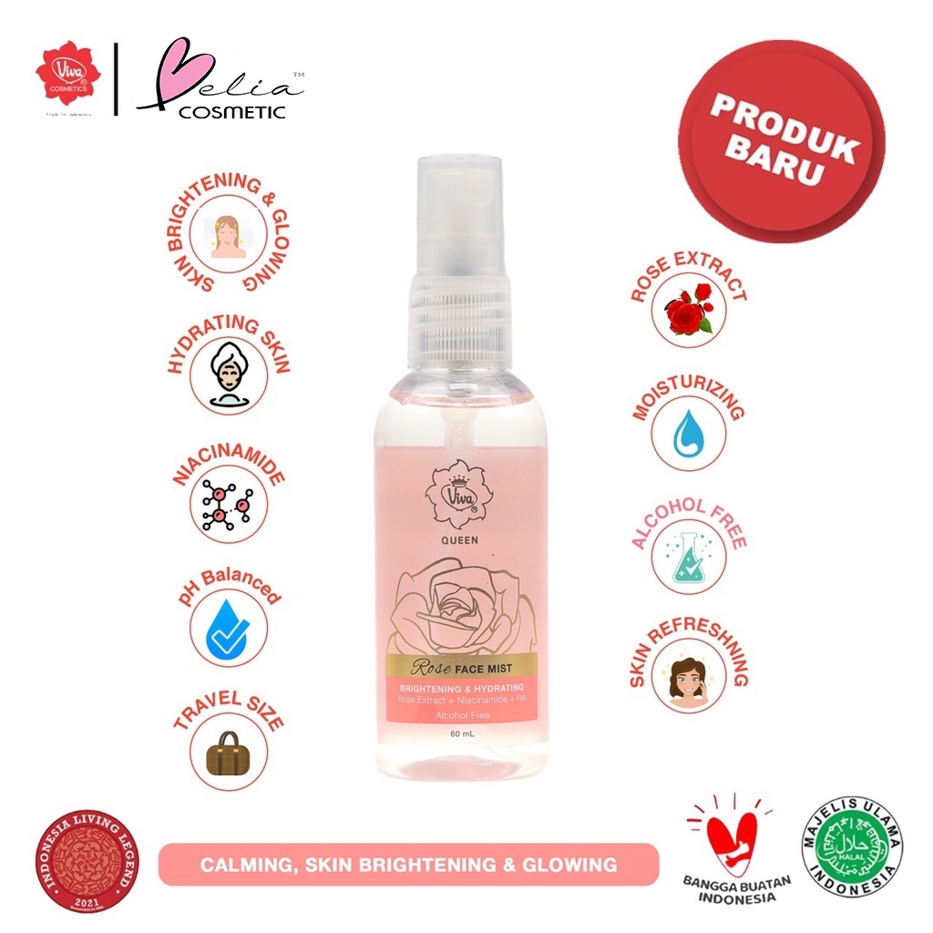 ❤ BELIA ❤ VIVA Queen Rose Micellar Water 100ml | Face Mist 60ml | Alcohol Free | Niacinamide, Collagen, Rose Extract, Moisturizing | Daily Cleanser BPOM