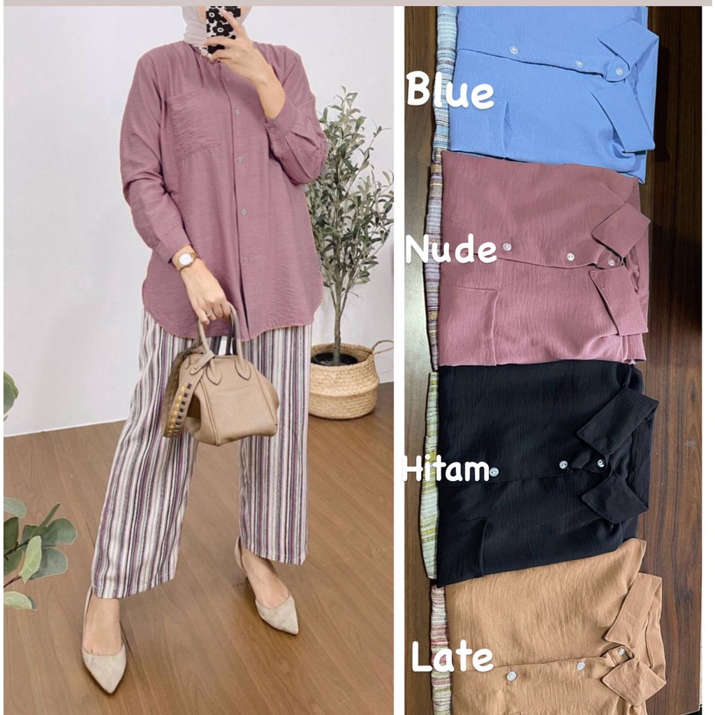 Noorin Set - One Set Wanita Kemeja Import Crinkle Airflow Setelan Wanita Celana Kulot Lengan Panjang LD 110 cm